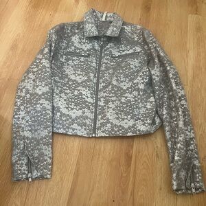Silver Metallic Zippered Front & Sleeves Women's Mid Length Jacket